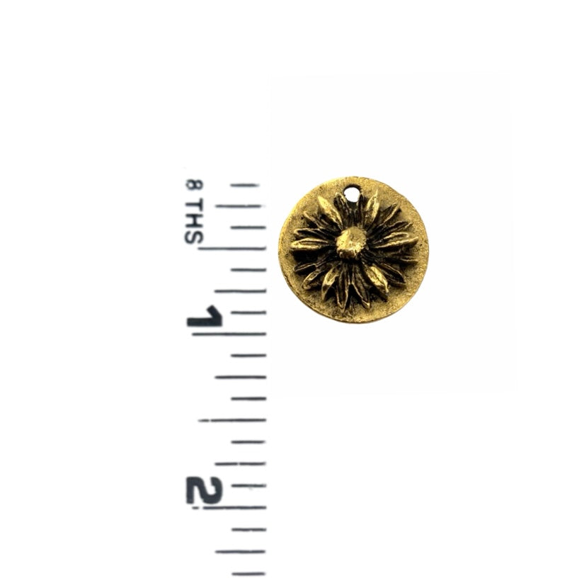 Round Daisy Flower Charm, Antiqued 18k Gold Plated - AG023