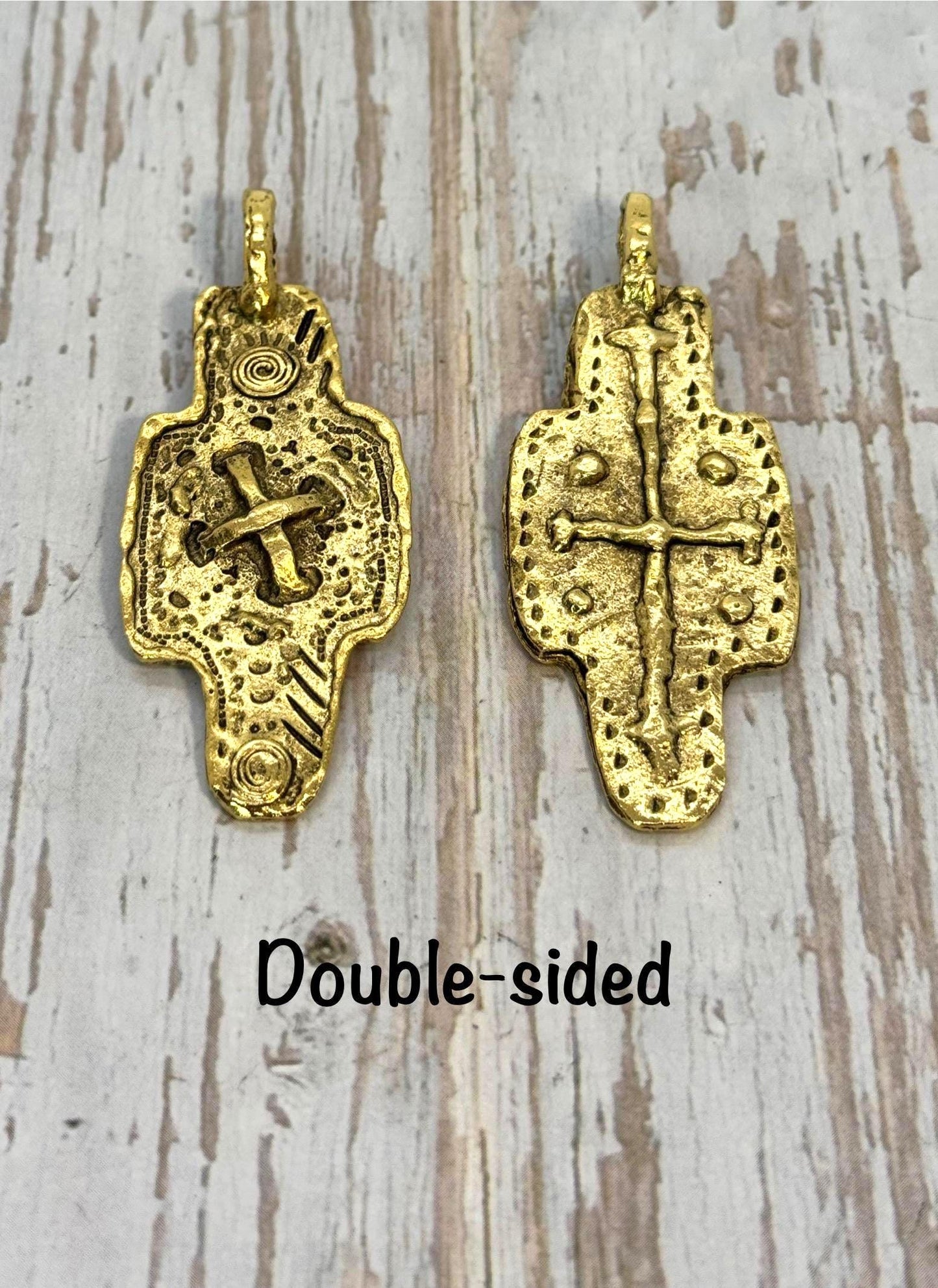 Rustic Double-Sided Cross Pendant, Antiqued 18k Gold Plated - AG555