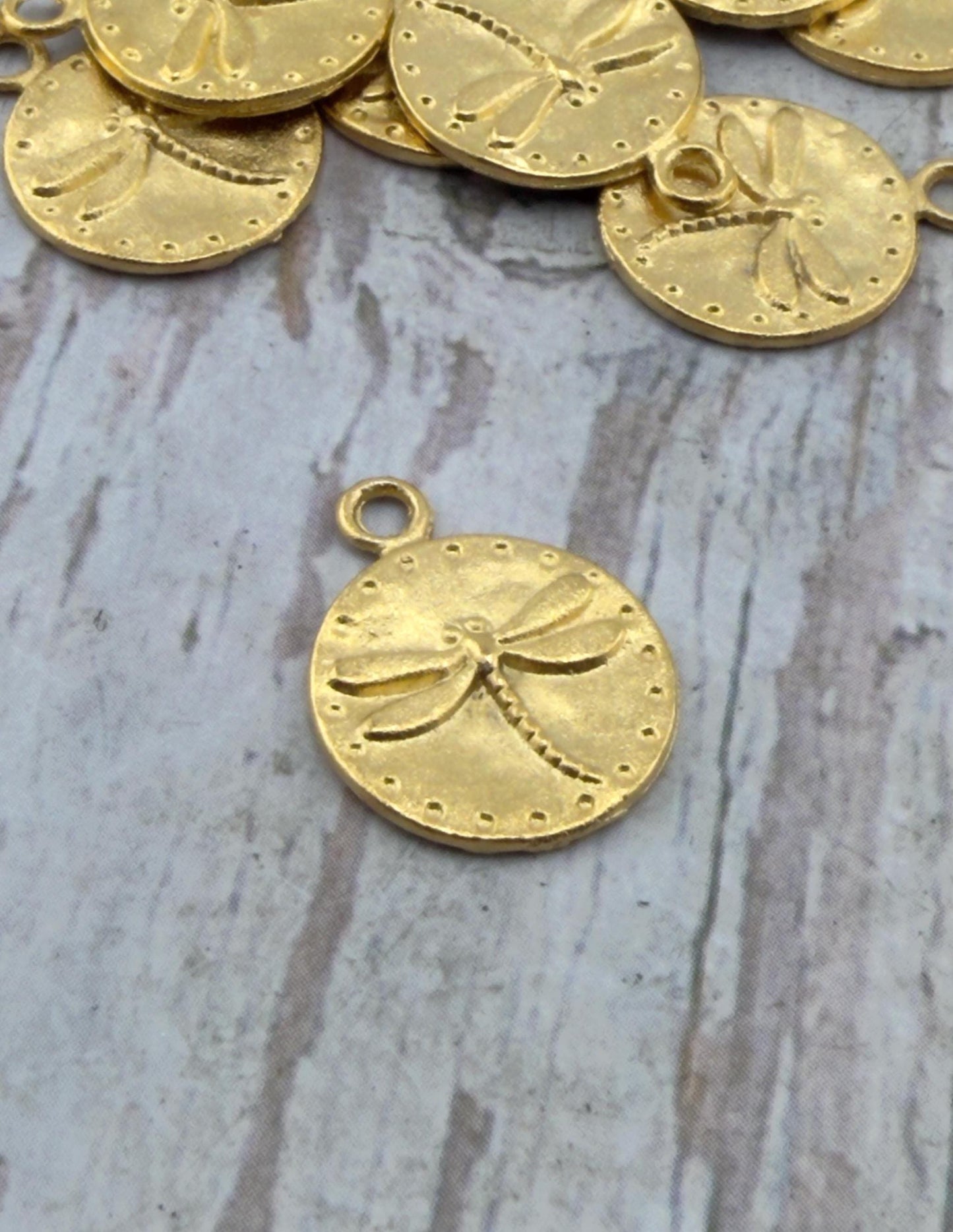 Tiny Round Dragonfly Charm, Satin 18k Gold Plated - ST341