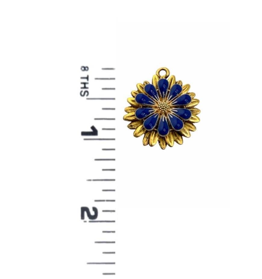 Prussian Blue 3D Enamel Flower Charm, Antiqued 18K Gold Plated - AG573