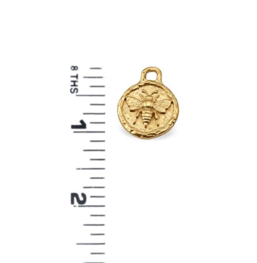 Queen Bee Double Sided Charm, Satin Gold Plated Round Pendant - TB164