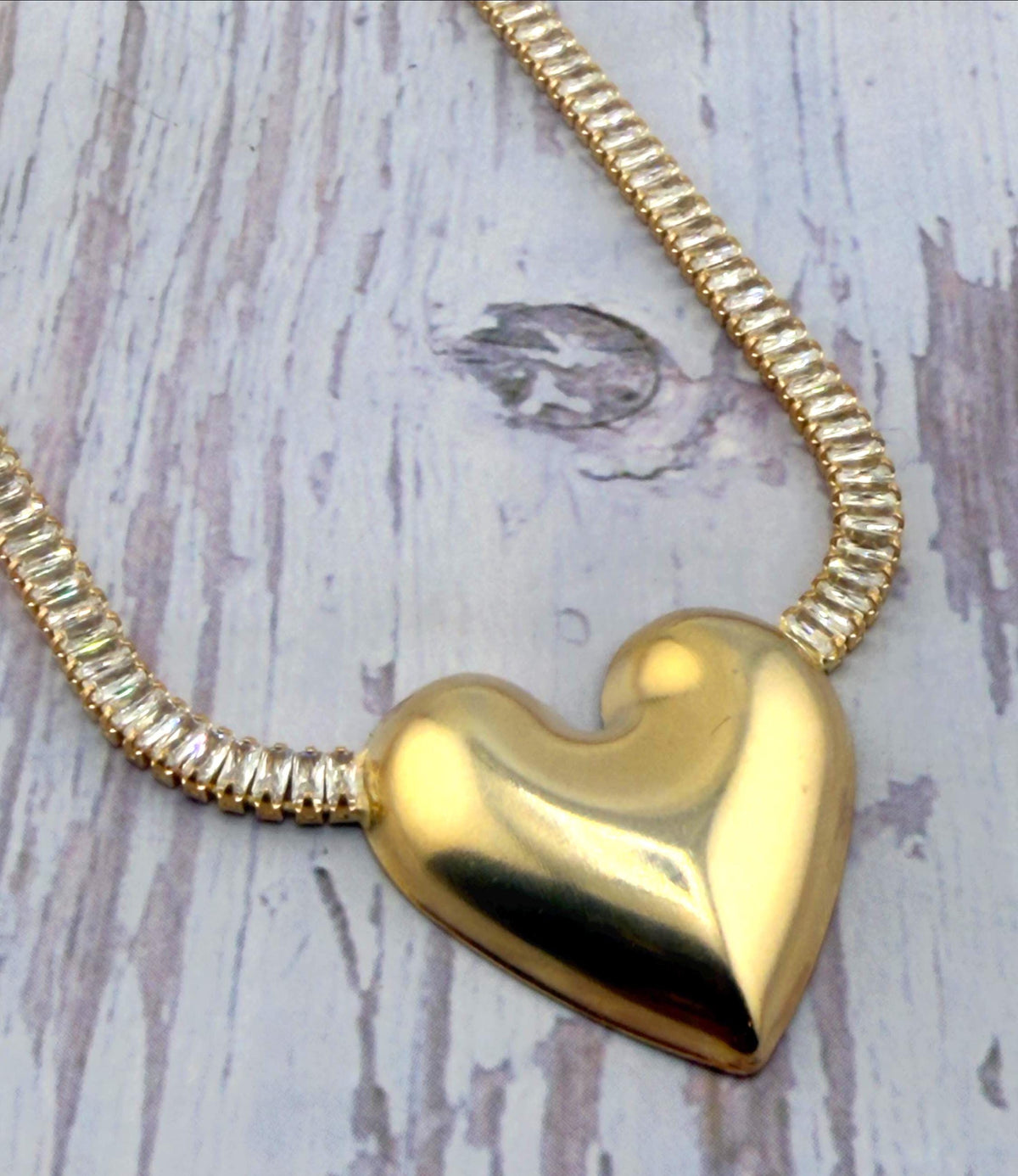 Baguette Tennis Chain Micro Pave Heart Necklace, Shiny Gold Plated - 021