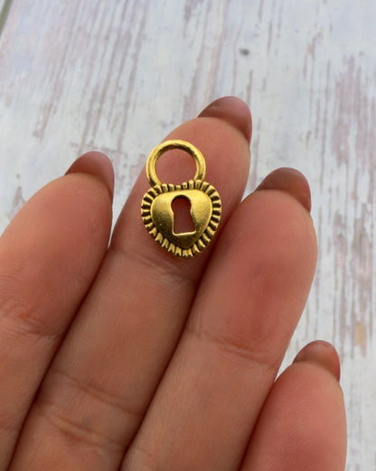 Small Heart Padlock Charm, Antiqued 18k Gold Plated - AG031