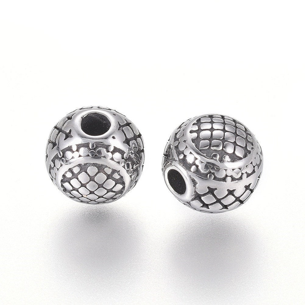 Variety of Textured Round Spacer Beads, 8mm/9mm/10mm, Stainless Steel