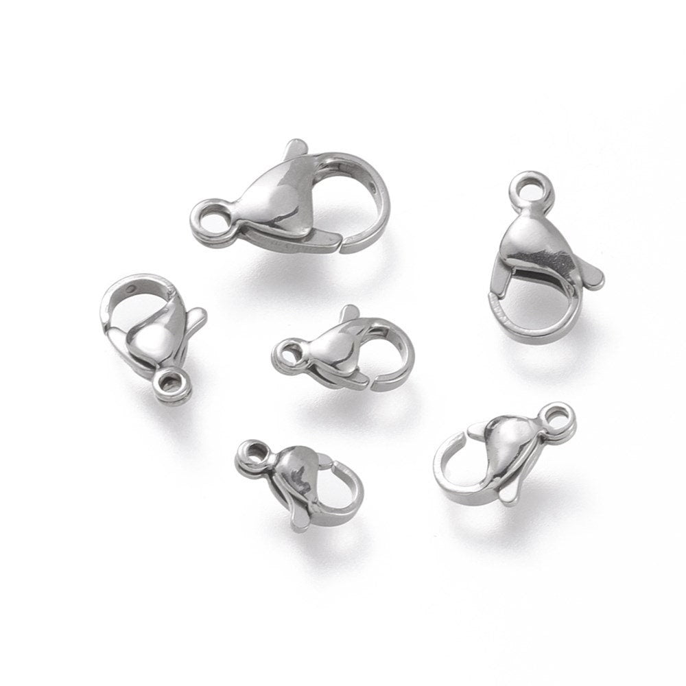 60 Pieces - Bulk Lobster Clasps, 9mm 10mm 11mm 12mm 13mm 15mm, Stainless Steel