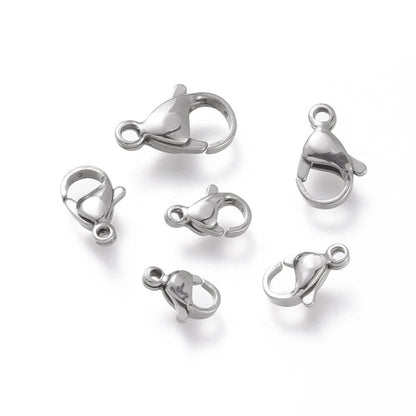 60 Pieces - Bulk Lobster Clasps, 9mm 10mm 11mm 12mm 13mm 15mm, Stainless Steel
