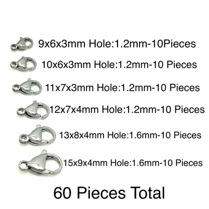 60 Pieces - Bulk Lobster Clasps, 9mm 10mm 11mm 12mm 13mm 15mm, Stainless Steel