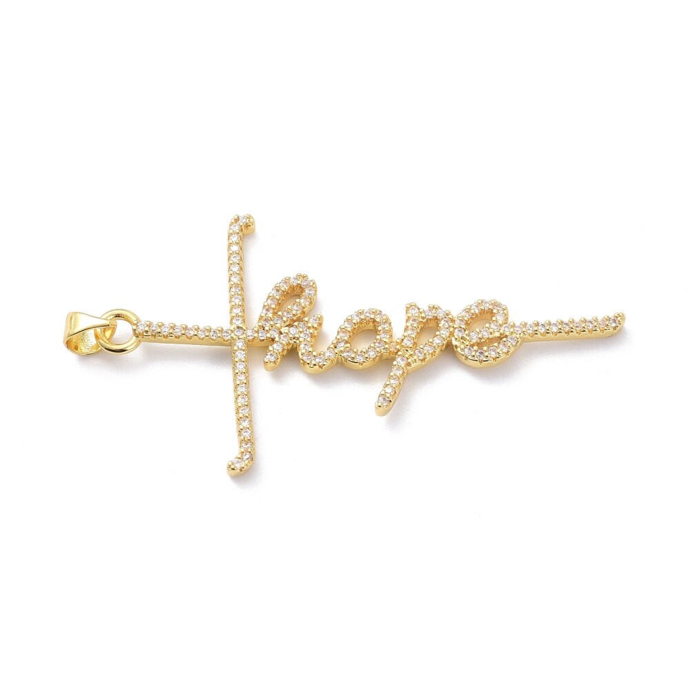 'Hope' Cross Micro Pave Word Pendant, Script Charms, Shiny 18k Gold Plated - SY004