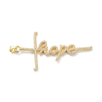 'Hope' Cross Micro Pave Word Pendant, Script Charms, Shiny 18k Gold Plated - SY004