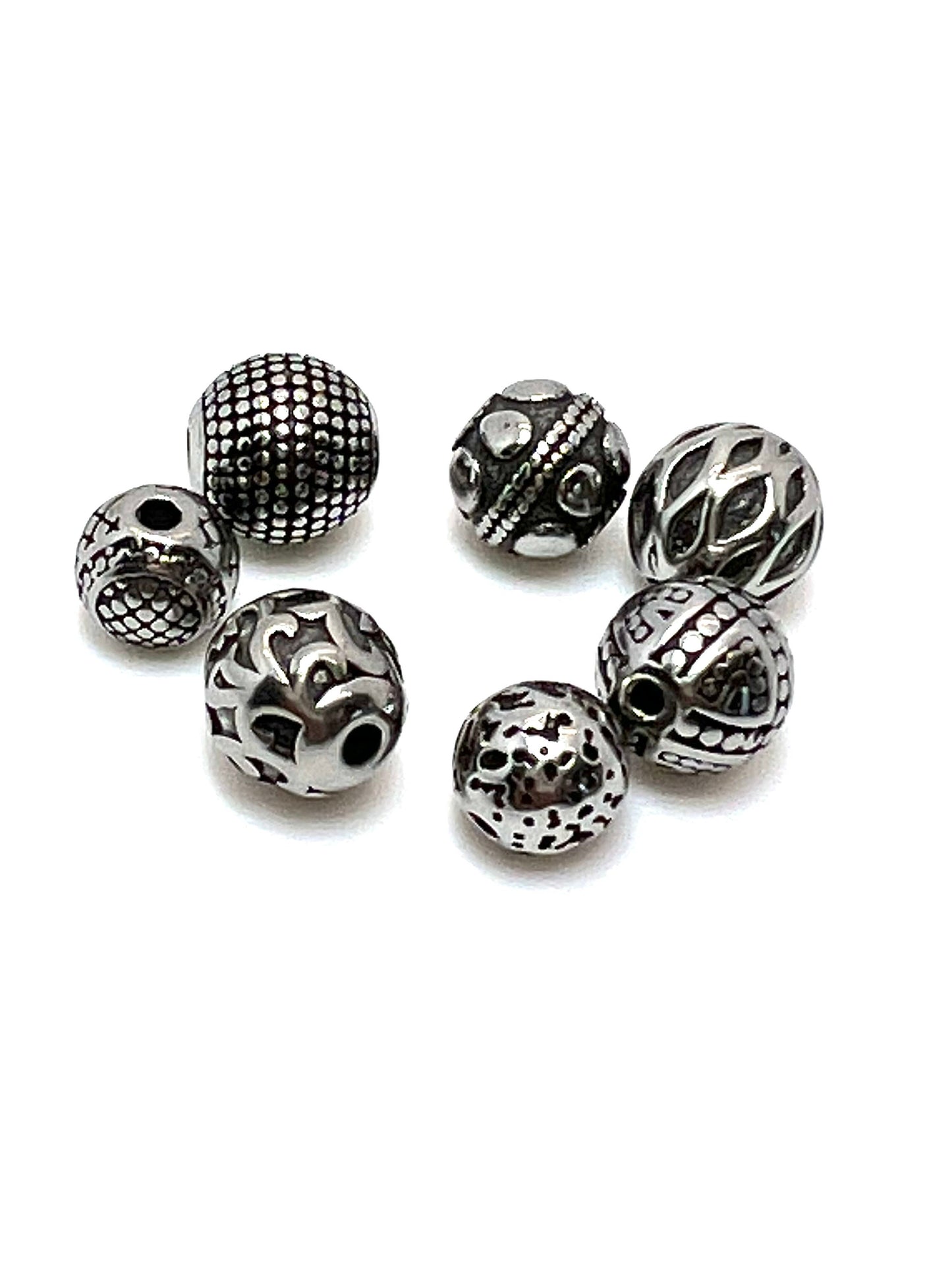 Variety of Textured Round Spacer Beads, 8mm/9mm/10mm, Stainless Steel