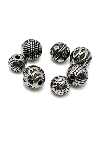 Variety of Textured Round Spacer Beads, 8mm/9mm/10mm, Stainless Steel