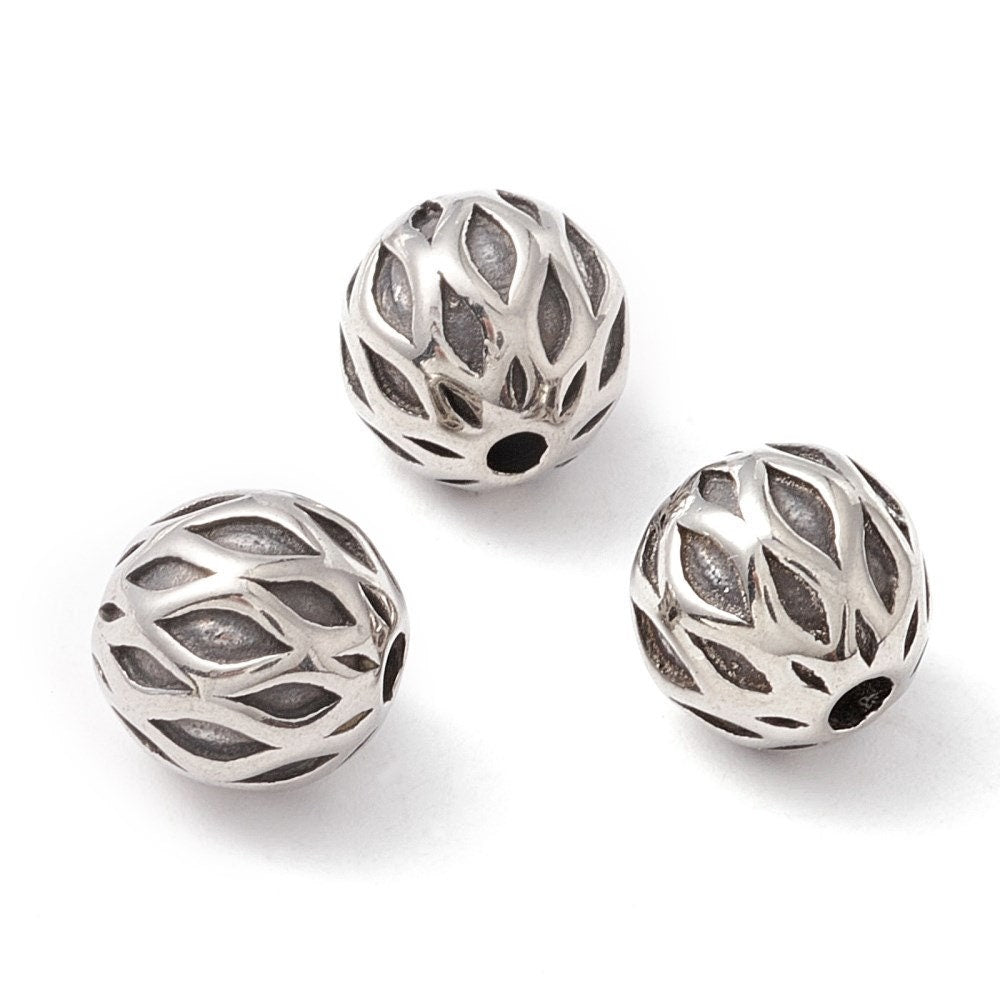 Variety of Textured Round Spacer Beads, 8mm/9mm/10mm, Stainless Steel