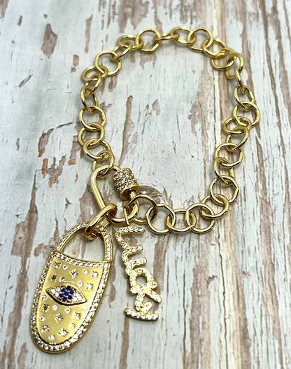 'Lucky' Micro Pave Word Charm, Shiny 18k Gold Plated - SY036