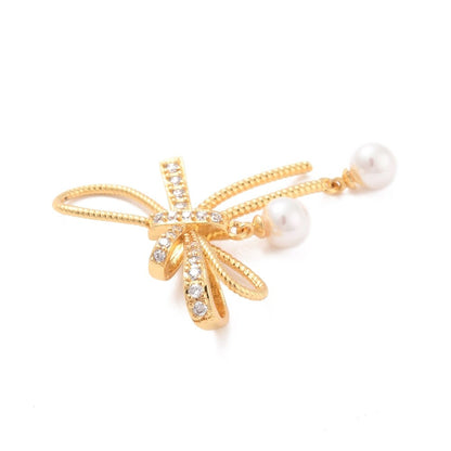 Large Bow Knot Micro Pave and Pearl Pendant, Shiny 18k Gold Plated - SY058
