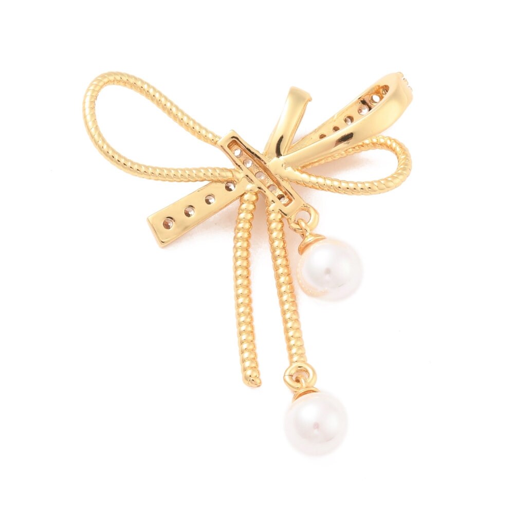 Large Bow Knot Micro Pave and Pearl Pendant, Shiny 18k Gold Plated - SY058