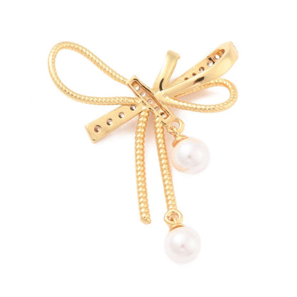 Large Bow Knot Micro Pave and Pearl Pendant, Shiny 18k Gold Plated - SY058