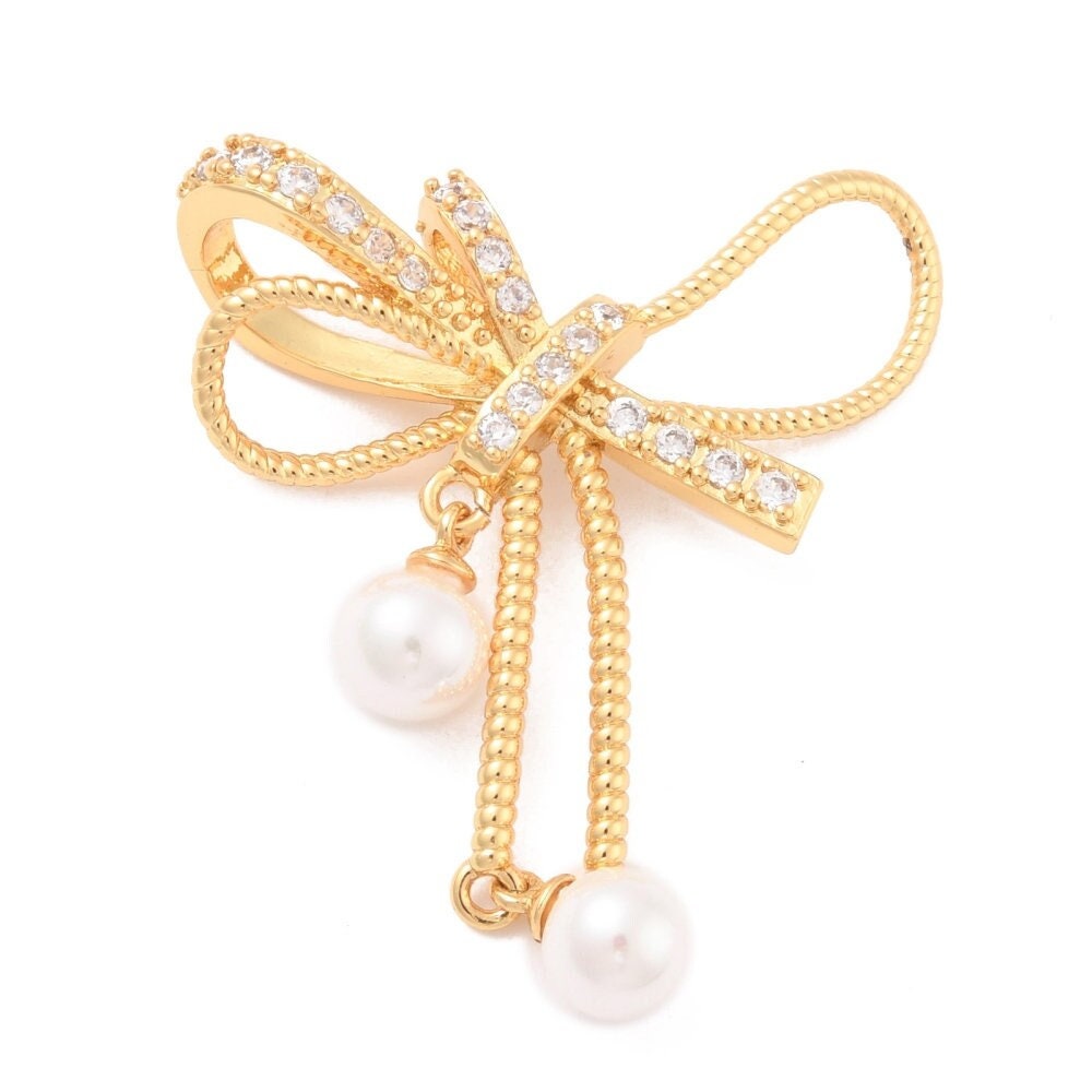 Large Bow Knot Micro Pave and Pearl Pendant, Shiny 18k Gold Plated - SY058