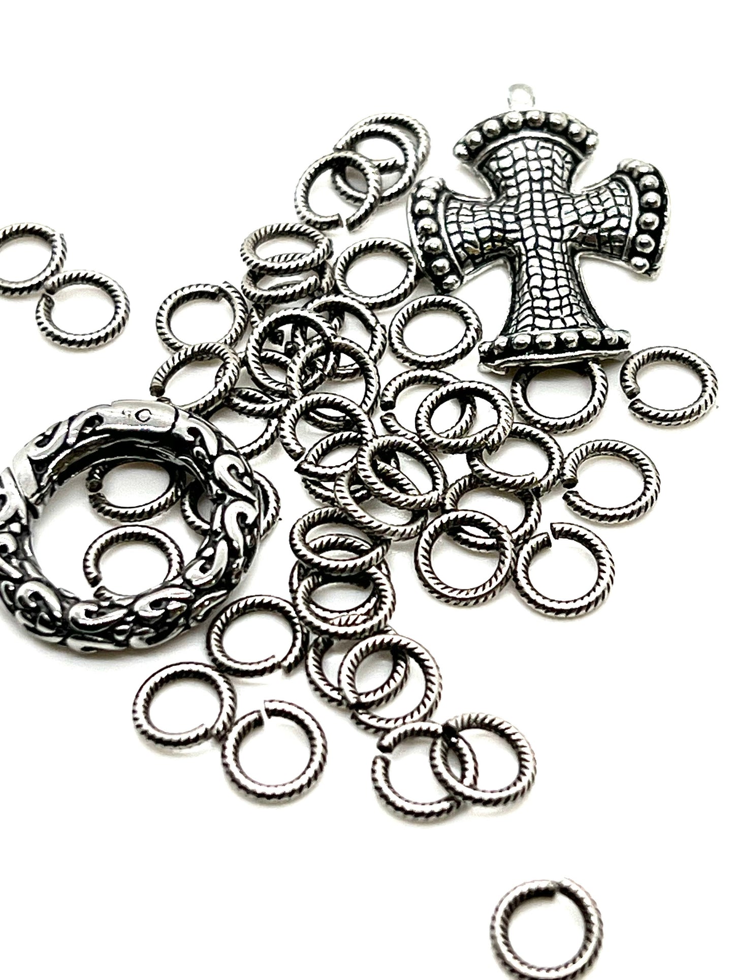 7mm 16 Gauge Textured Round Jump Rings, Antiqued Pewter Plated - P017-JR