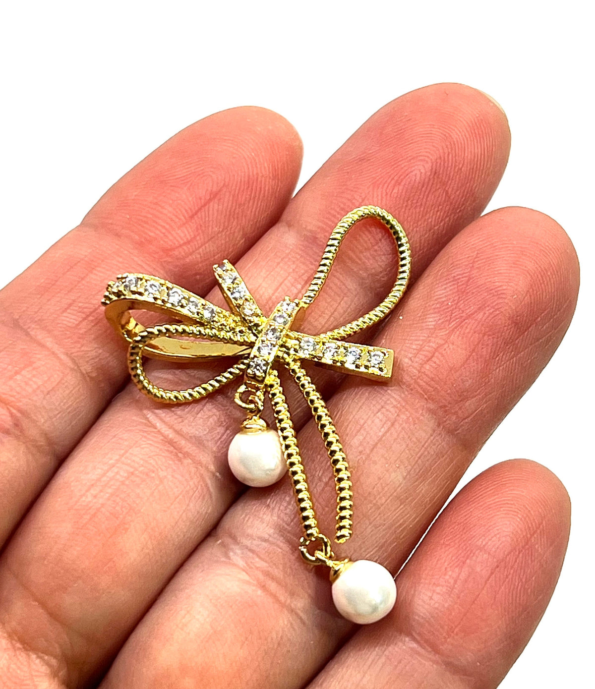 Large Bow Knot Micro Pave and Pearl Pendant, Shiny 18k Gold Plated - SY058