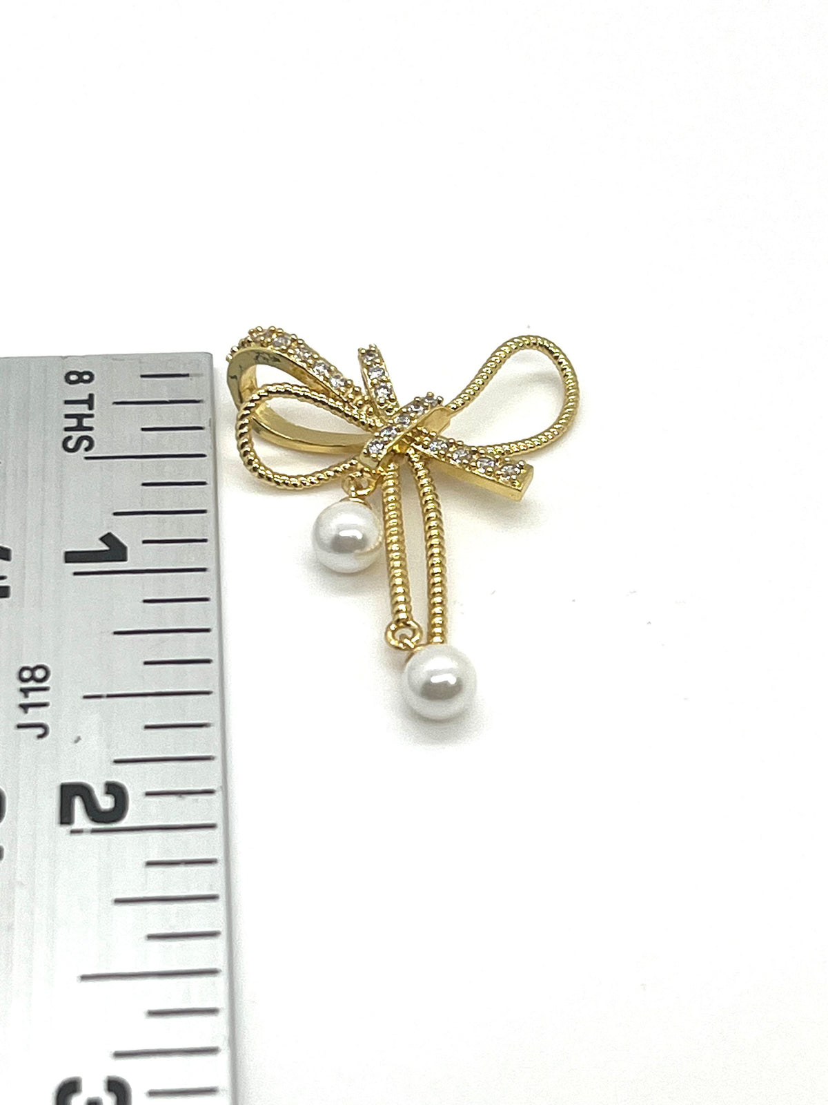 Large Bow Knot Micro Pave and Pearl Pendant, Shiny 18k Gold Plated - SY058