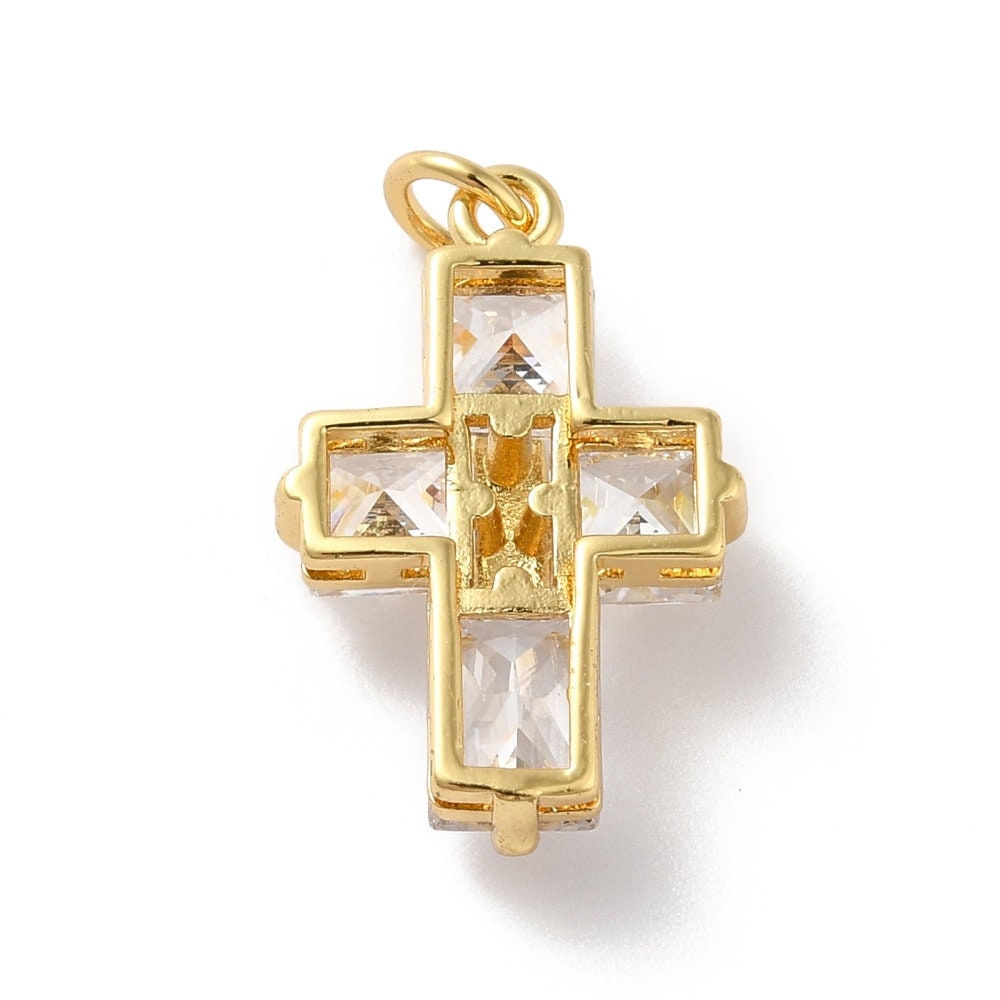 Sparkly Cubic Zirconia Cross Pendant, Shiny 18k Gold Plated - SY033