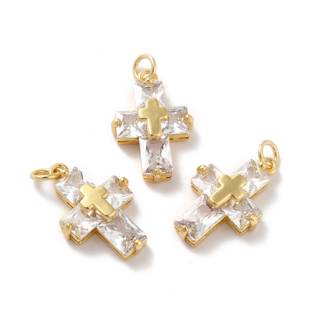 Sparkly Cubic Zirconia Cross Pendant, Shiny 18k Gold Plated - SY033