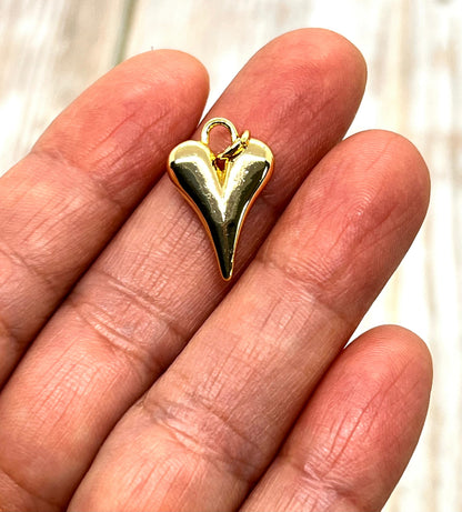 Elongated Puffed Heart Charm, Shiny 18k Gold Plated - SY059