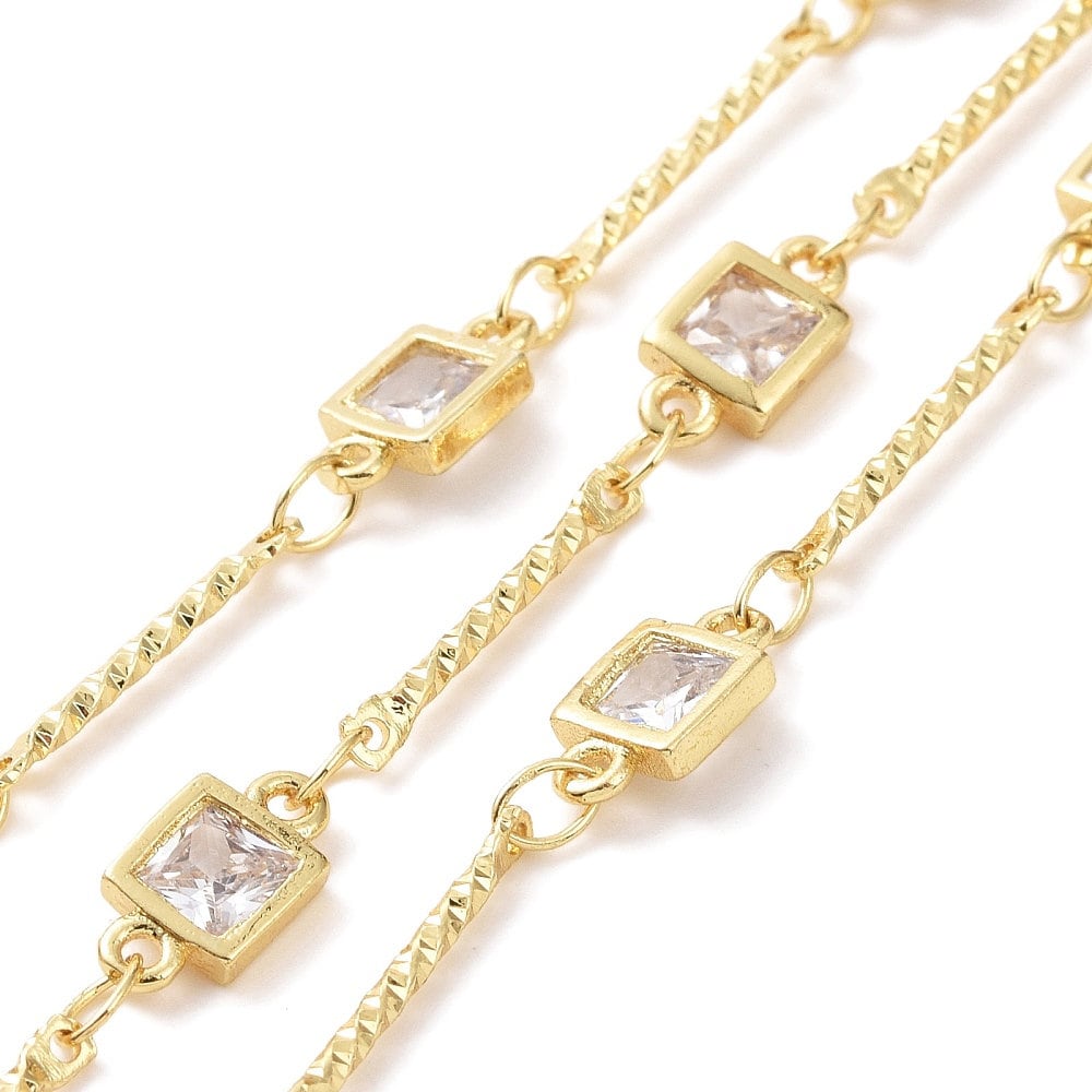 Square Links Cubic Zirconia Chain, Shiny 18k Gold Plated