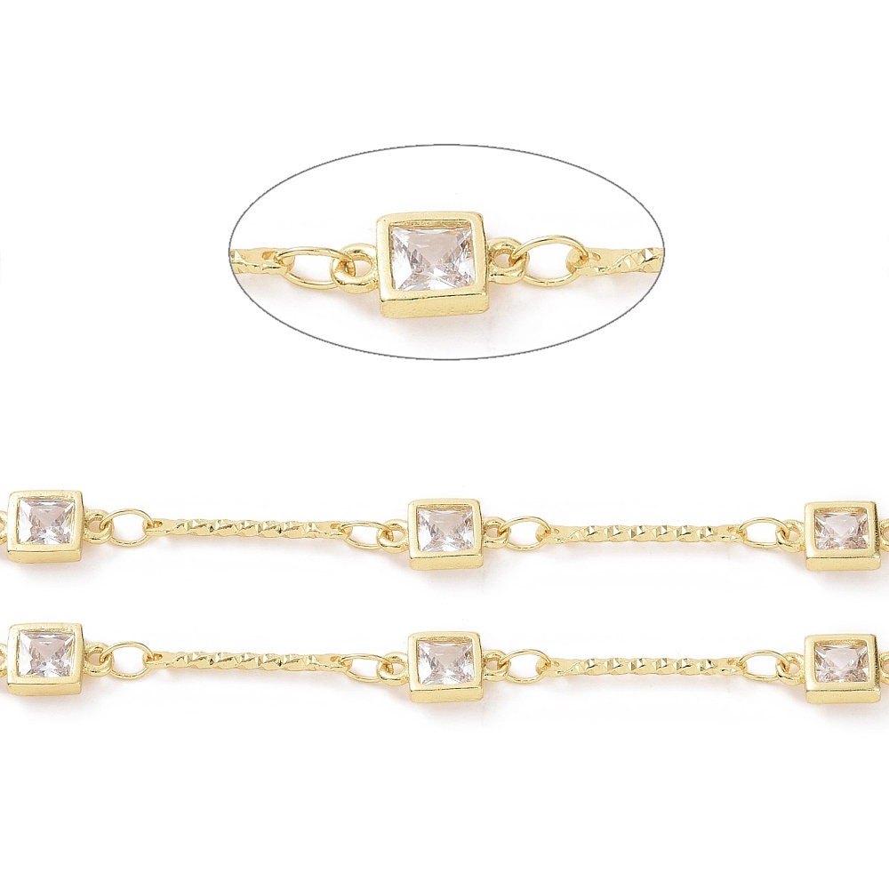 Square Links Cubic Zirconia Chain, Shiny 18k Gold Plated