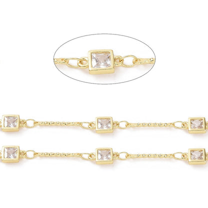Square Links Cubic Zirconia Chain, Shiny 18k Gold Plated