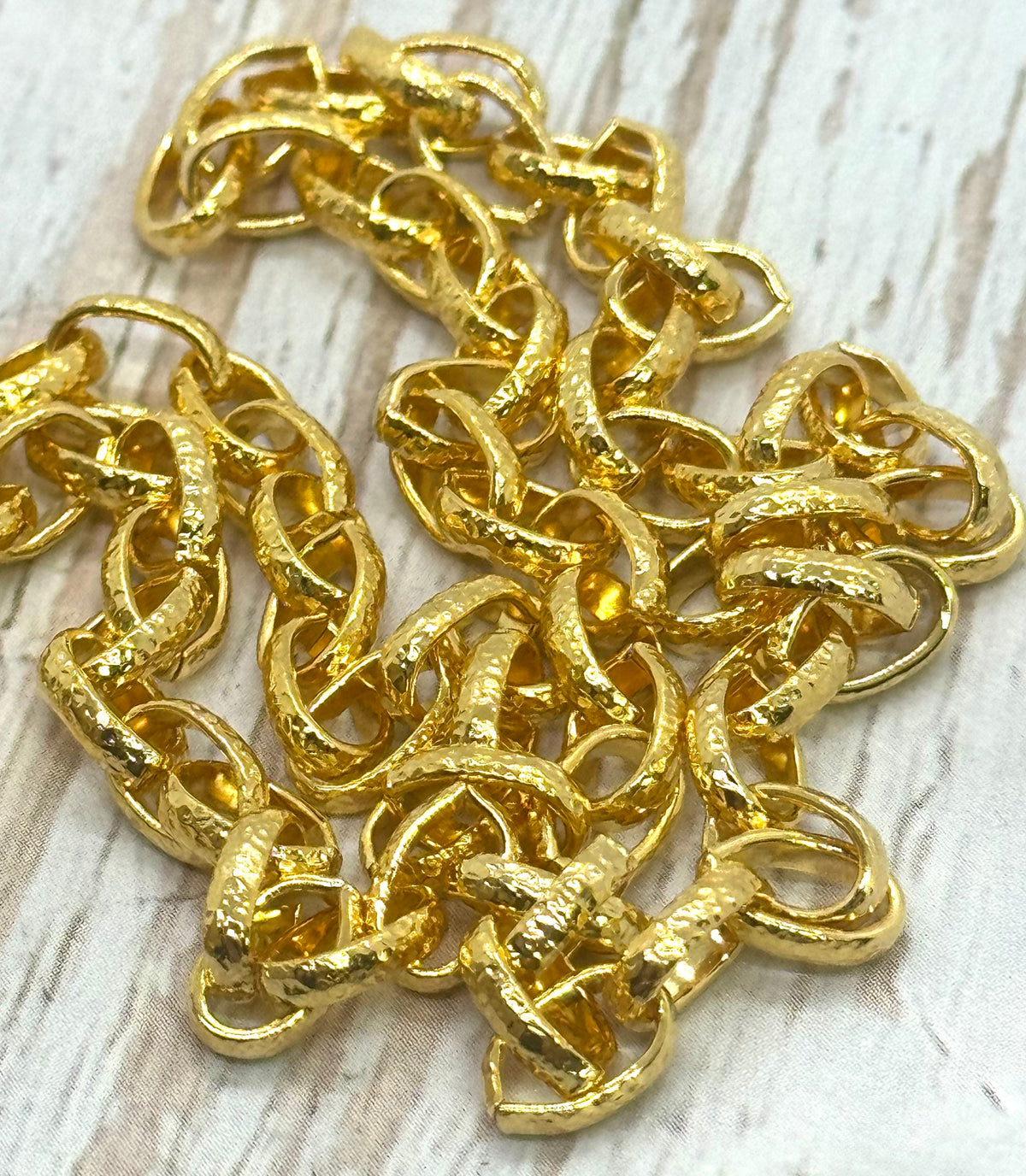 Hammered 8x5mm Oval Rolo Chain, Shiny 18k Gold Plated