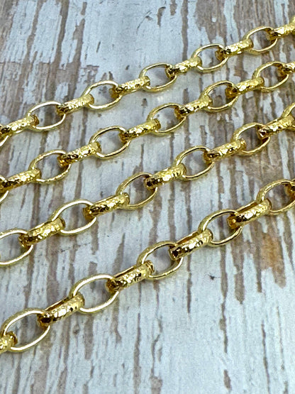 Hammered 8x5mm Oval Rolo Chain, Shiny 18k Gold Plated