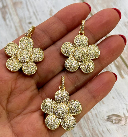 Micro Pave Flower Charm, Shiny 18k Gold Plated - SY043
