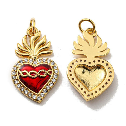 Red Sacred Heart Micro Pave Pendant, Shiny 18k Gold Plated - SY066