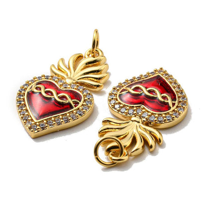 Red Sacred Heart Micro Pave Pendant, Shiny 18k Gold Plated - SY066