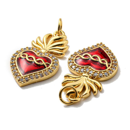Red Sacred Heart Micro Pave Pendant, Shiny 18k Gold Plated - SY066