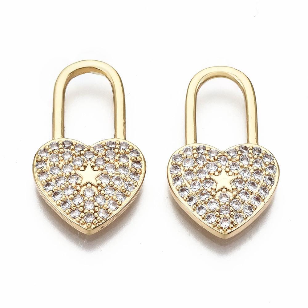 Small Heart Lock Micro Pave Pendant, 18k Gold Plated Clear Cubic Zirconia - SY071