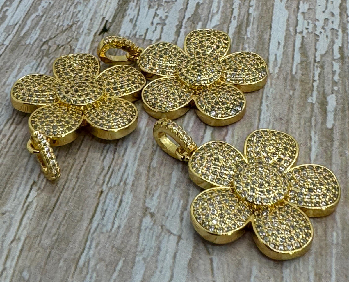 Micro Pave Flower Charm, Shiny 18k Gold Plated - SY043
