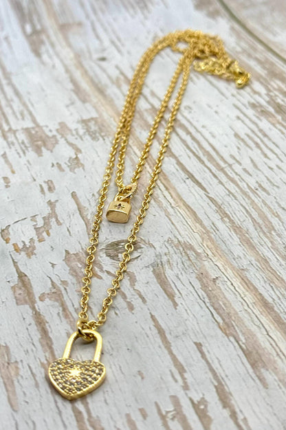 Small Heart Lock Micro Pave Pendant, 18k Gold Plated Clear Cubic Zirconia - SY071