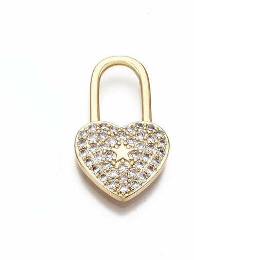 Small Heart Lock Micro Pave Pendant, 18k Gold Plated Clear Cubic Zirconia - SY071