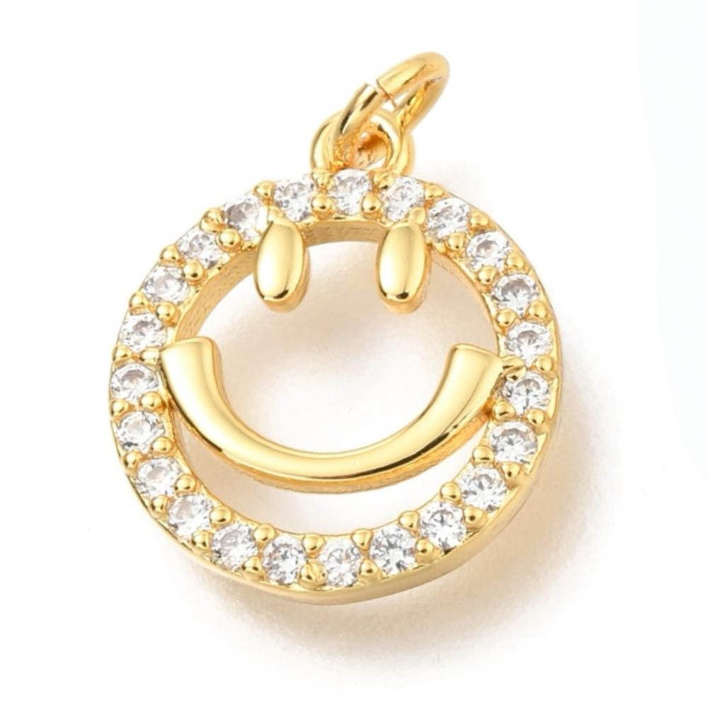 Smiley Face Micro Pave Charm, Shiny 18k Gold Plated - SY014