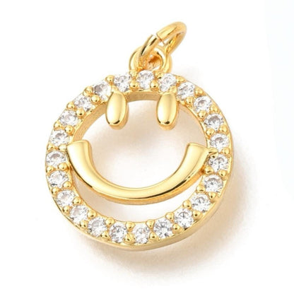 Smiley Face Micro Pave Charm, Shiny 18k Gold Plated - SY014