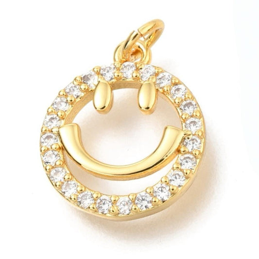 Smiley Face Micro Pave Charm, Shiny 18k Gold Plated - SY014