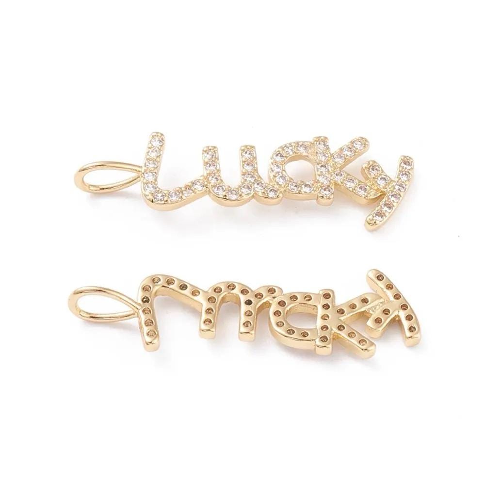 'Lucky' Micro Pave Word Charm, Shiny 18k Gold Plated - SY036