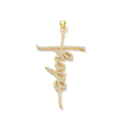 'Hope' Cross Micro Pave Word Pendant, Script Charms, Shiny 18k Gold Plated - SY004