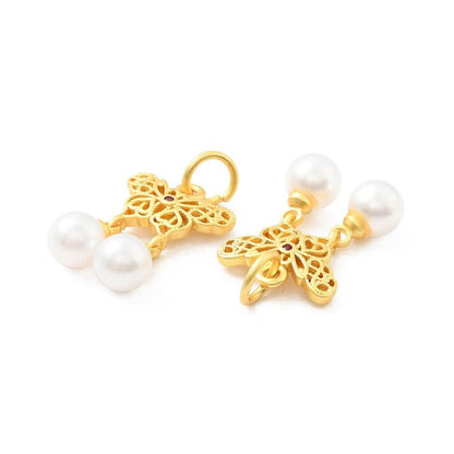 Butterfly and Pearl Charm, Satin 18k Gold Plated, Pink Cubic Zirconia - ST609