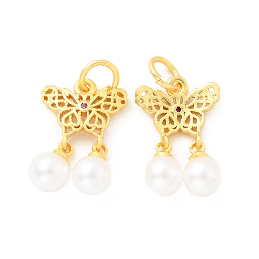 Butterfly and Pearl Charm, Satin 18k Gold Plated, Pink Cubic Zirconia - ST609