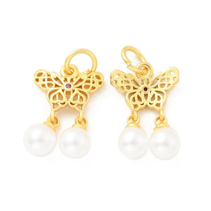 Butterfly and Pearl Charm, Satin 18k Gold Plated, Pink Cubic Zirconia - ST609