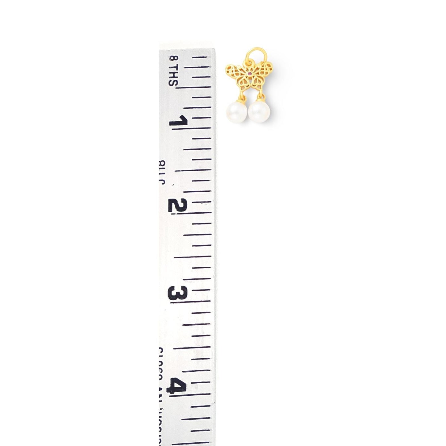 Butterfly and Pearl Charm, Satin 18k Gold Plated, Pink Cubic Zirconia - ST609