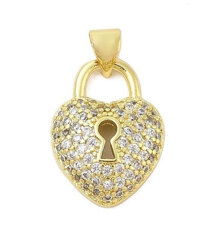 Dainty Micro Pave Heart Lock Small Pendant, Shiny 18k Gold Plated - SY064